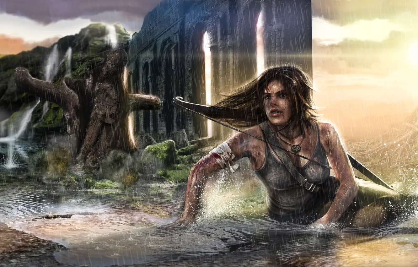 Photo wallpaper girl, rain, Tomb Raider, Croft, Lara