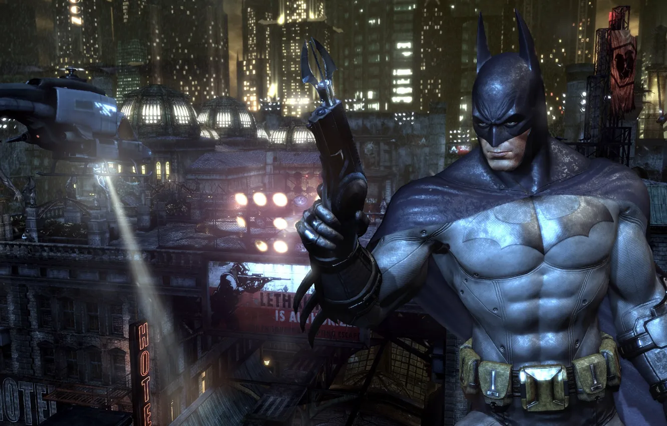 Photo wallpaper The city, The game, Helicopter, Batman, Costume, Belt, City, Hero