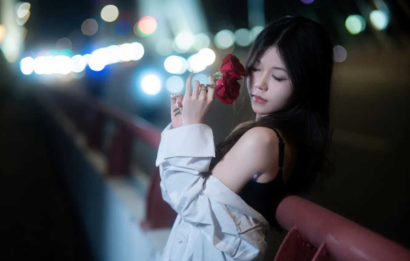 Photo wallpaper Dark, Beautiful, Asian, Model, Flower, Bridge, Night, Roses