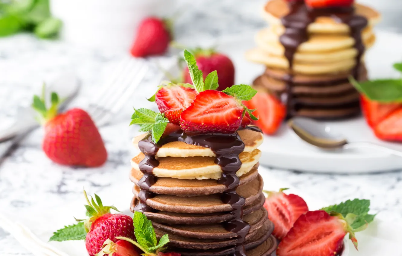 Photo wallpaper chocolate, strawberry, pancakes