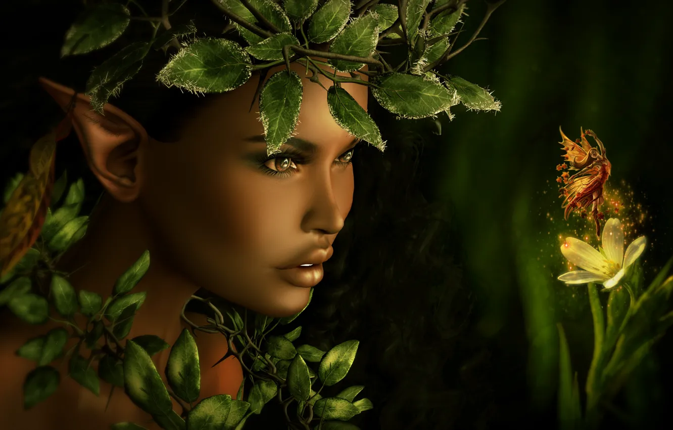 Photo wallpaper girl, face, foliage, tale, fairy