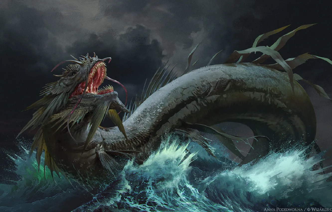Photo wallpaper fear, dragon, monster, fierce, dragon, sea monster, the gloomy sky, the dragon's mouth