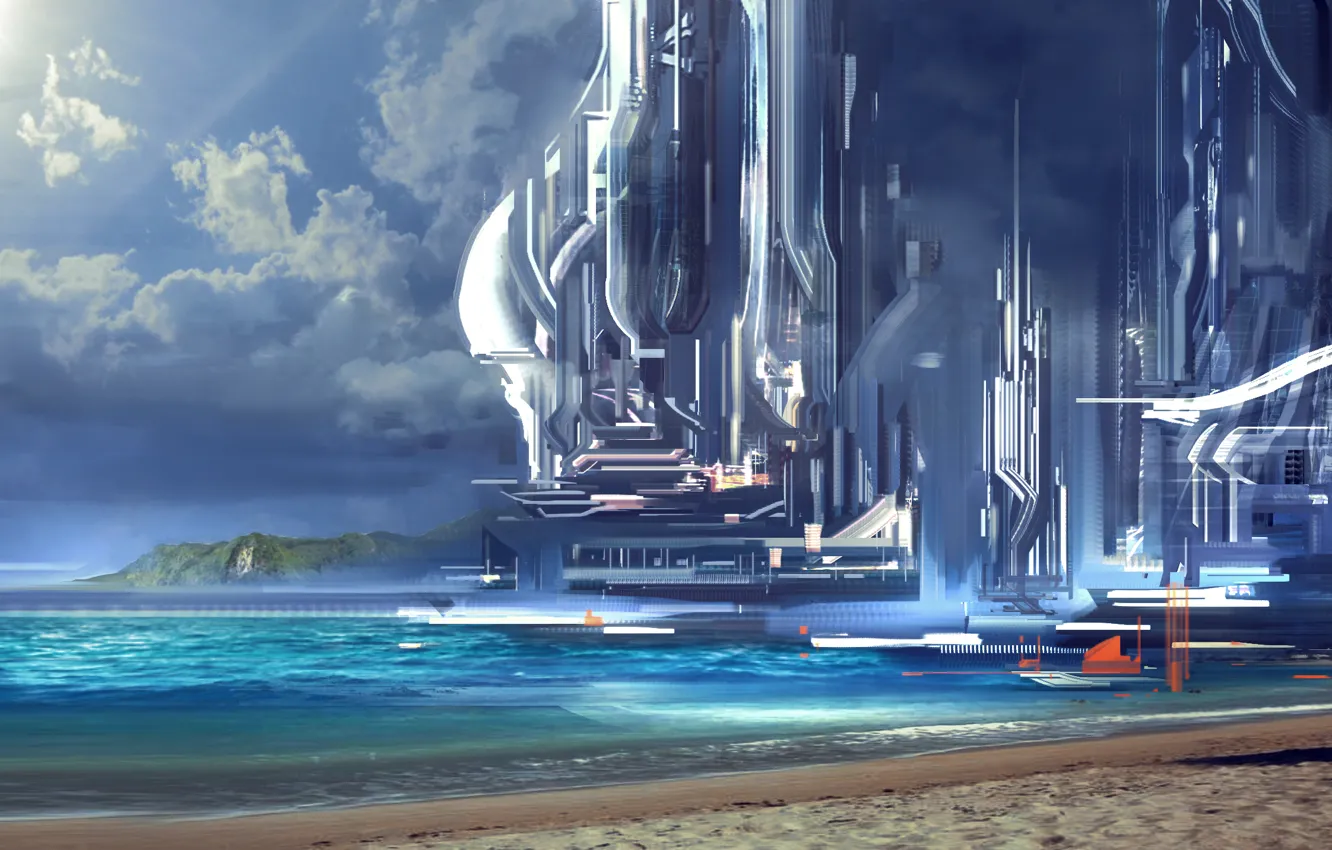 Photo wallpaper sea, beach, the sky, clouds, the city, fiction, shore, skyscrapers