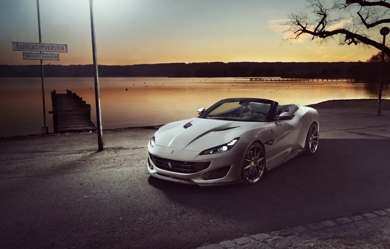 Photo wallpaper machine, water, tree, Ferrari, Portofino, Novitec