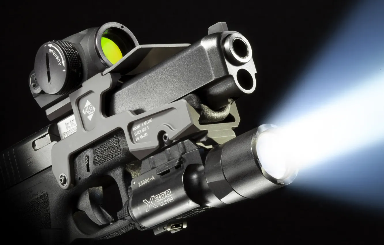 Photo wallpaper rays, light, gun, weapons, flashlight, Glock