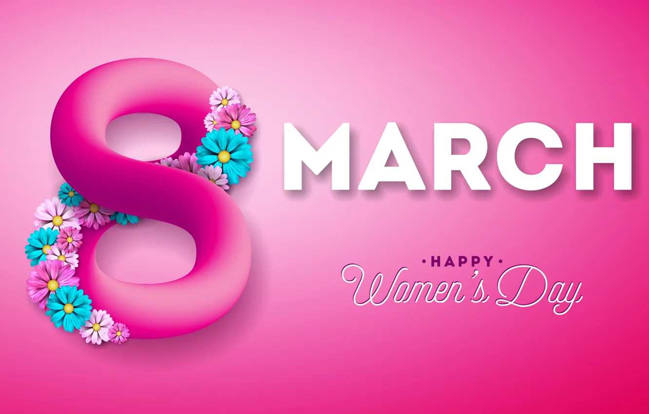 Photo wallpaper flowers, happy, pink background, March 8, pink, flowers, women's day, 8 march