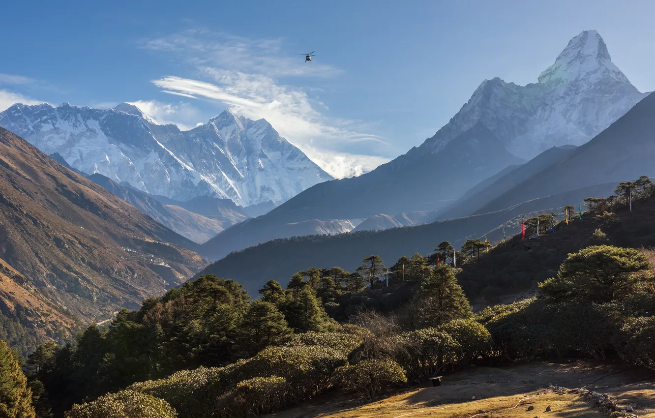 Photo wallpaper mountains, helicopter, Flying machine