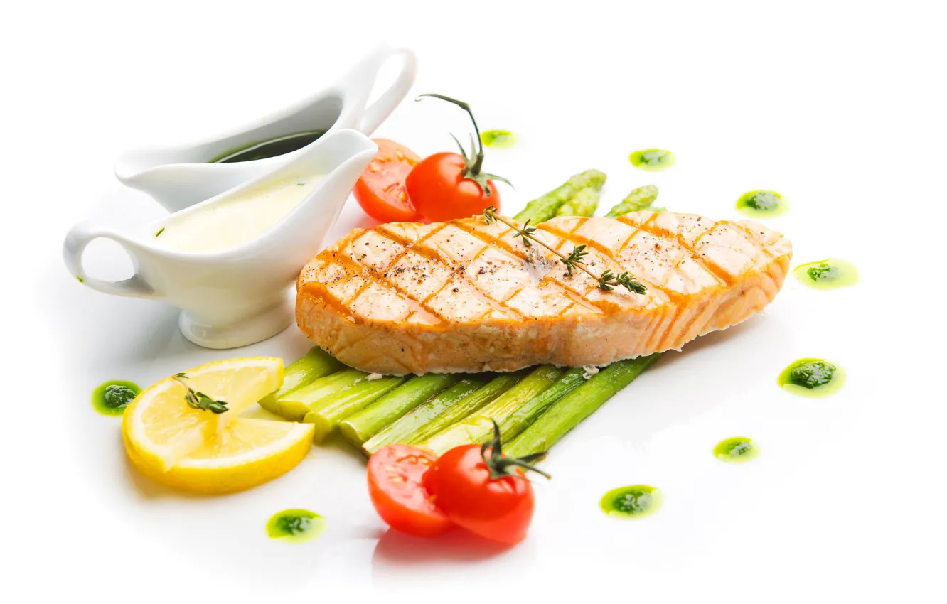Photo wallpaper lemon, tomatoes, sauce, salmon, asparagus