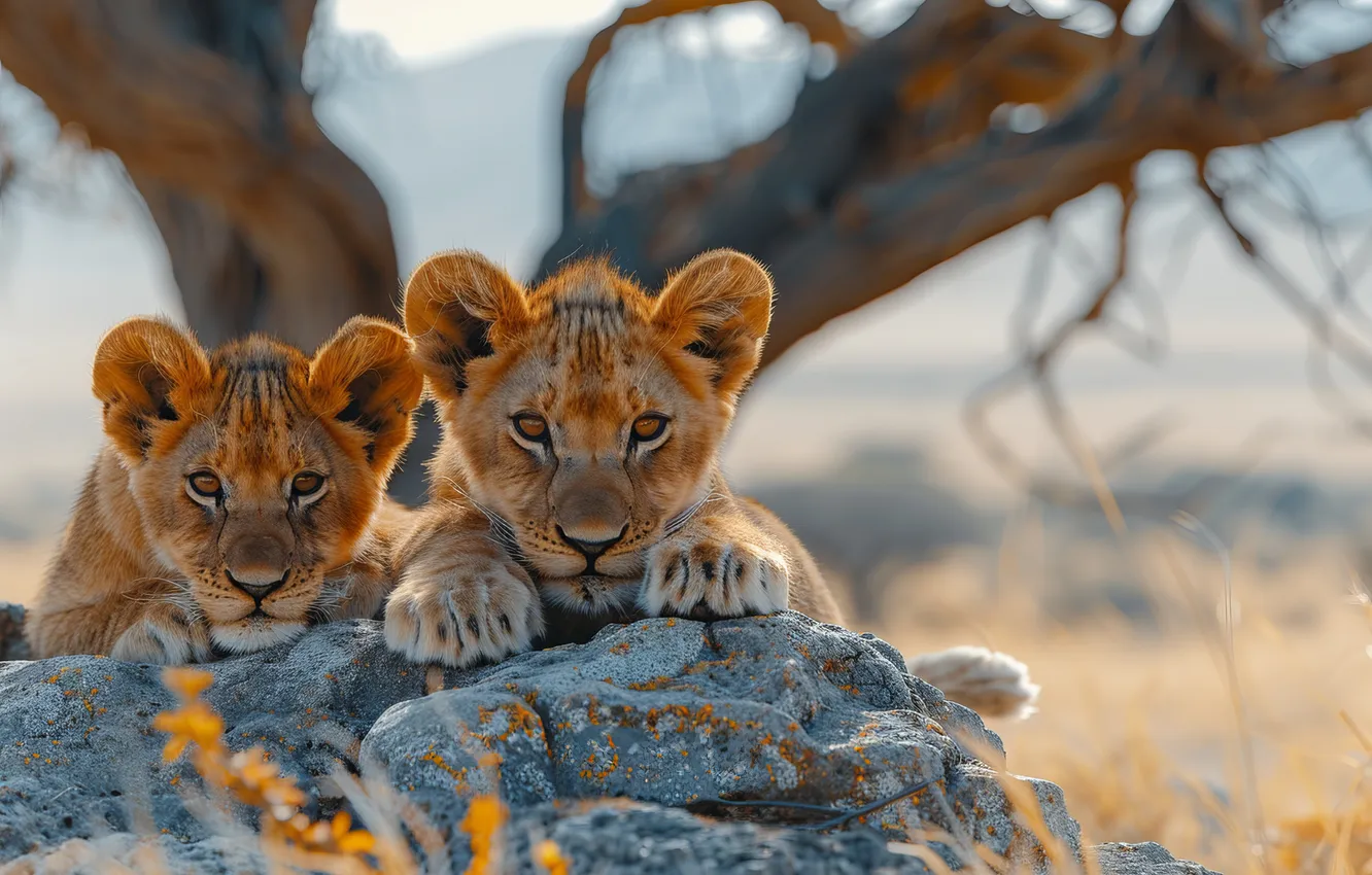 Photo wallpaper trees, stones, cub, kitty, two, face, lion, big cats