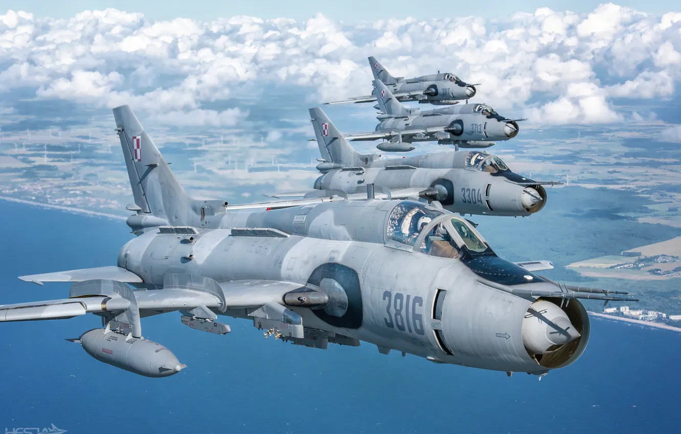 Photo wallpaper Clouds, Sea, Shore, Lantern, Fighter-bomber, Pilot, Cockpit, Su-22