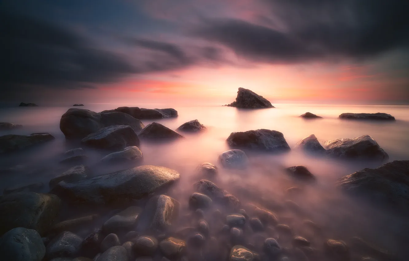 Photo wallpaper sea, clouds, sunset, stones, rocks, shore, the evening, haze