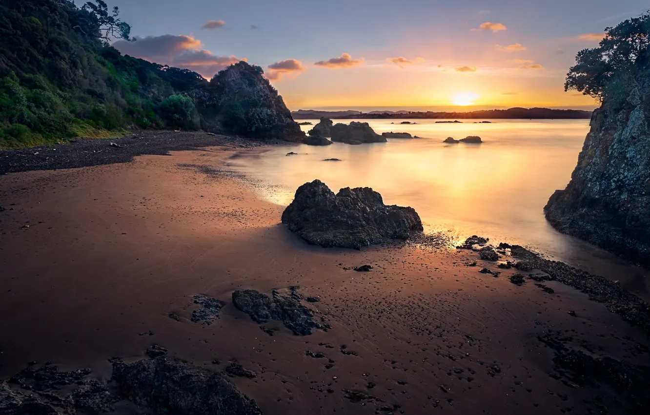 Photo wallpaper sand, sea, beach, clouds, light, sunset, stones, rocks