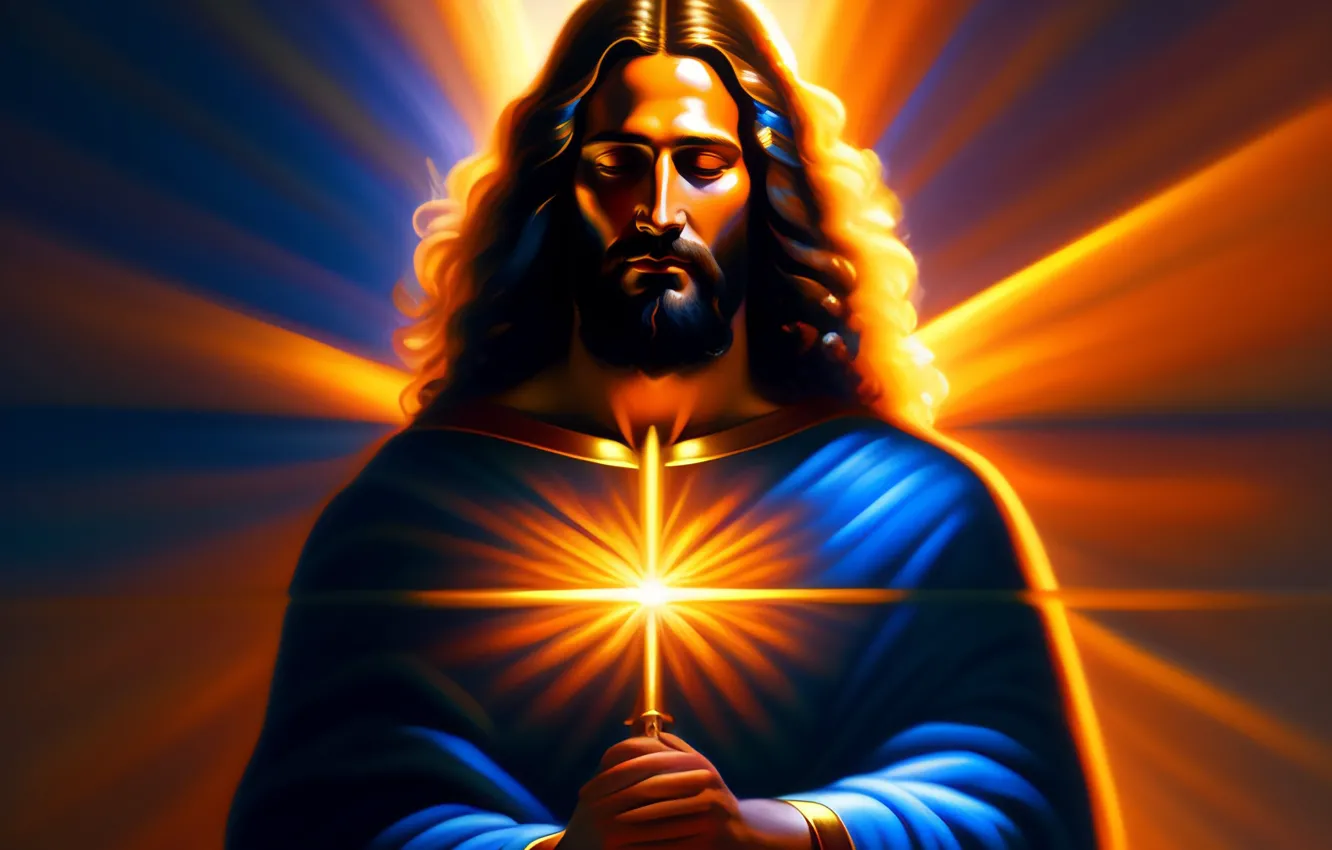 Photo wallpaper Jesus, hair, male, front, religion, Jesus Christ, digital art, AI art