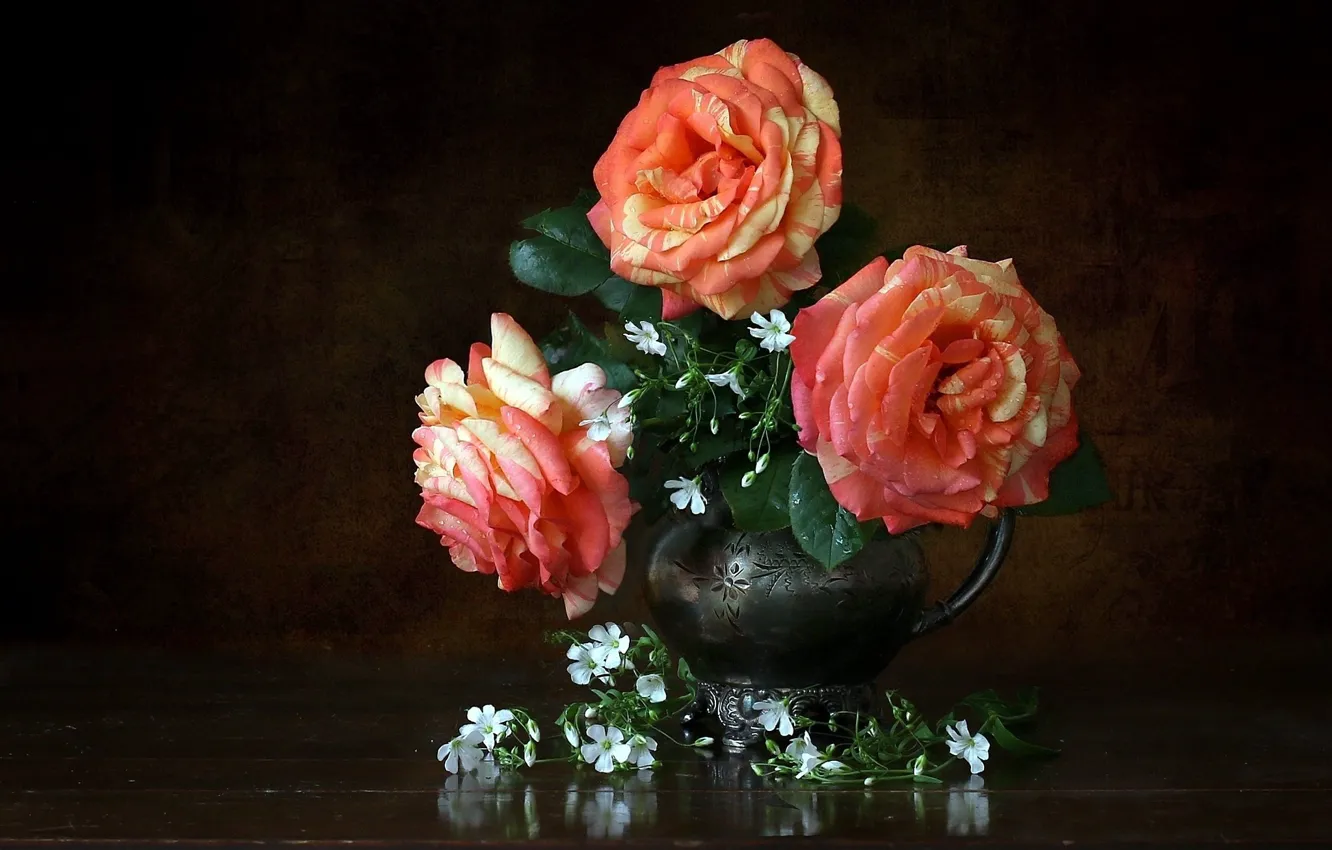 Photo wallpaper background, roses, pitcher, still life