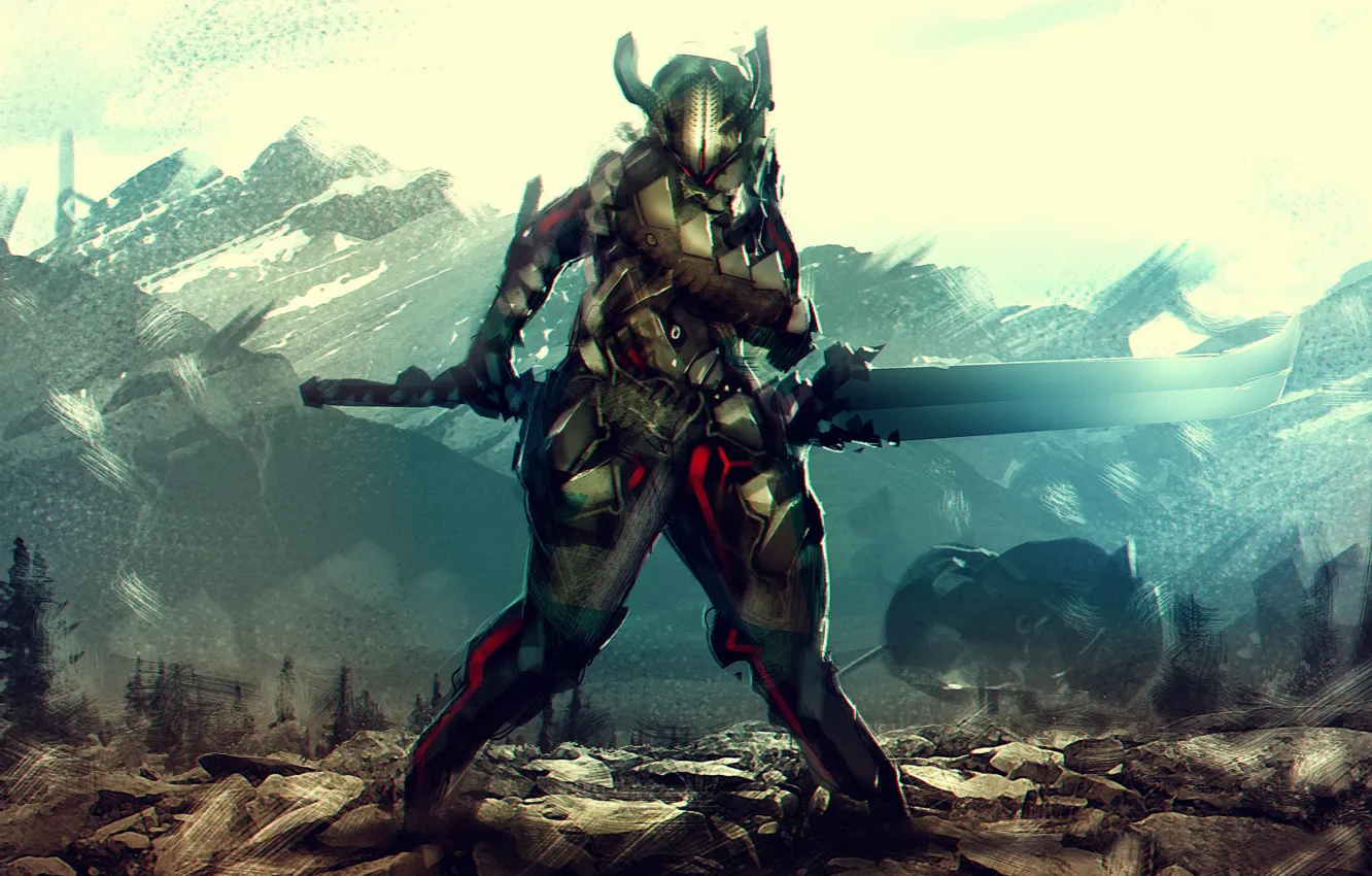 Photo wallpaper fiction, sword, armor, art, armor, cyborg, knight