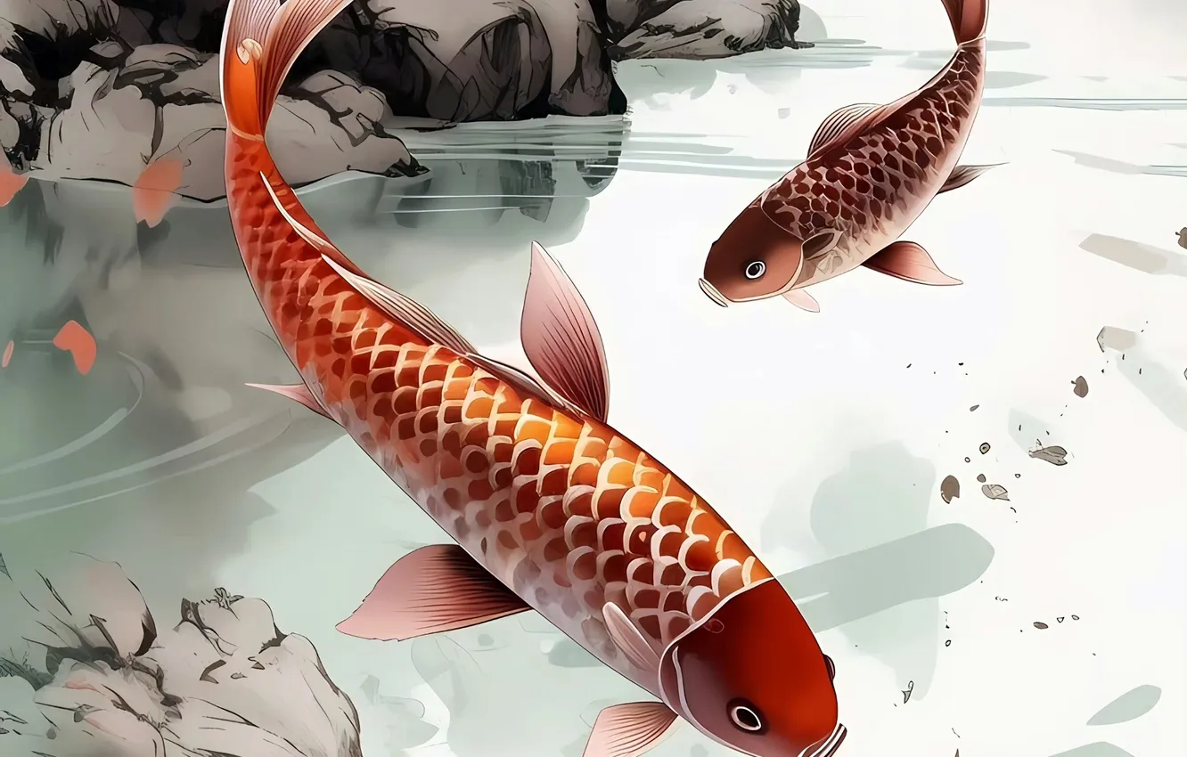 Photo wallpaper lake, fish, carp, stylized watercolor
