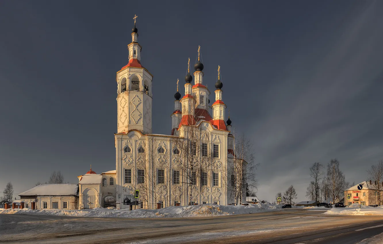 Photo wallpaper winter, road, Russia, Tot'ma, Vologda oblast, The Church of Entry into Jerusalem