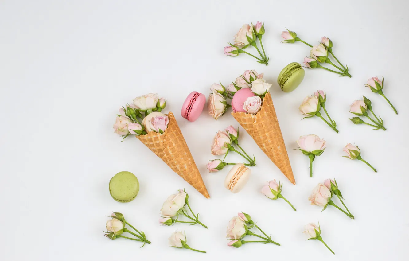 Photo wallpaper flowers, roses, cookies, buds, waffle cone, Julija Vilvarin