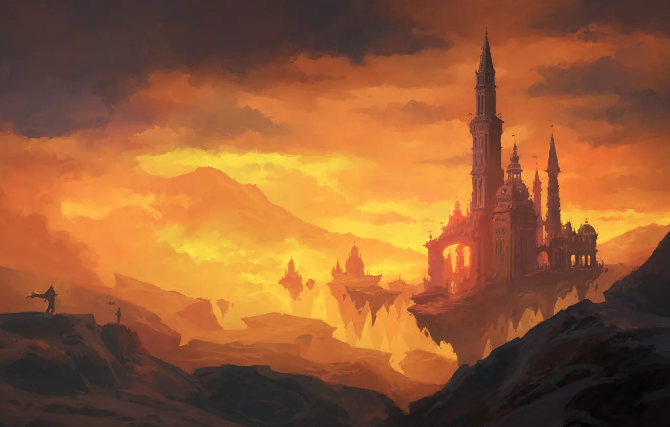 Photo wallpaper fantasy, landscape, nature, sunset, mountains, castle, artist, artwork