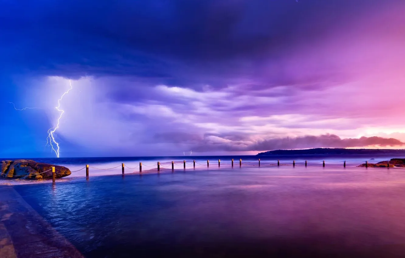 Photo wallpaper sky, sea, Lightning, nature, water, clouds, beauty, purple
