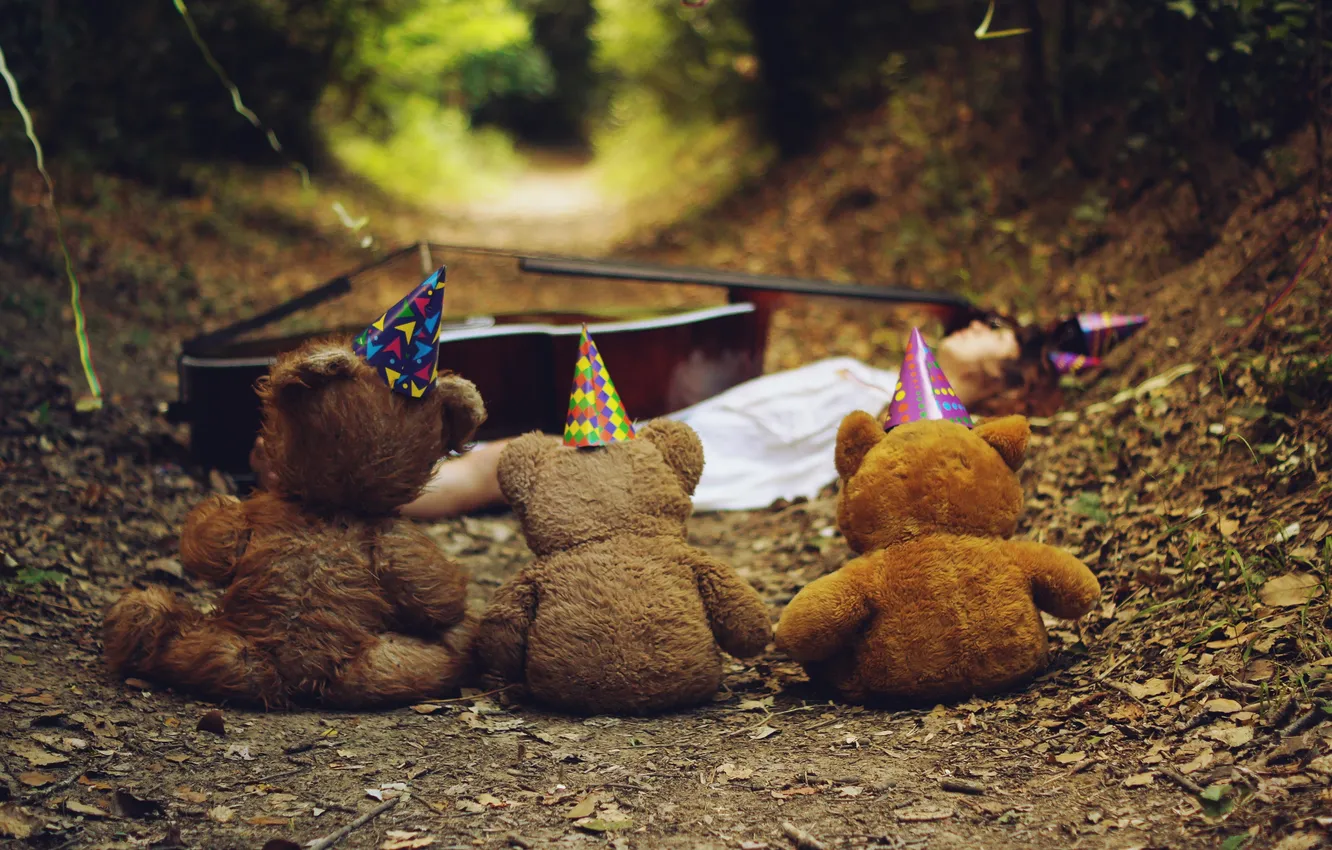 Photo wallpaper forest, girl, bear, cap, bass, soft toys