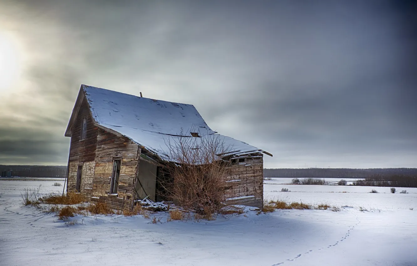 Photo wallpaper cold, winter, the sky, snow, landscape, house