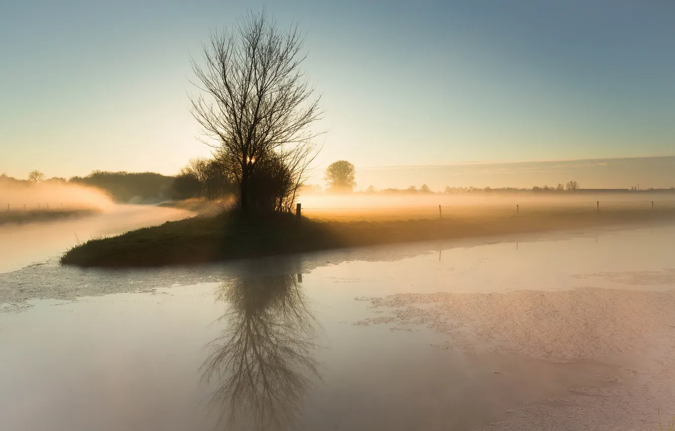 Photo wallpaper field, landscape, fog, morning, channel