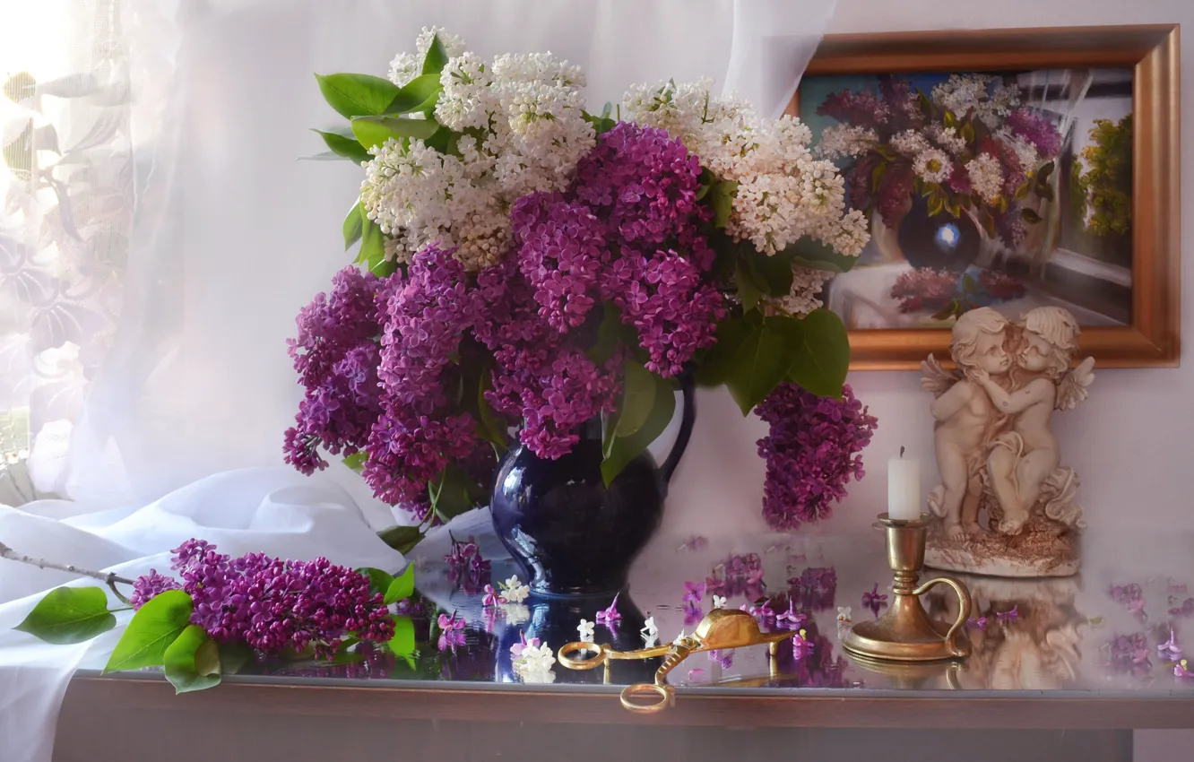 Photo wallpaper bouquet, picture, angels, figurine, lilac