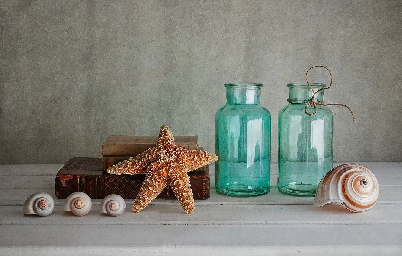 Photo wallpaper glass, background, bottle, book, shell, starfish, still life