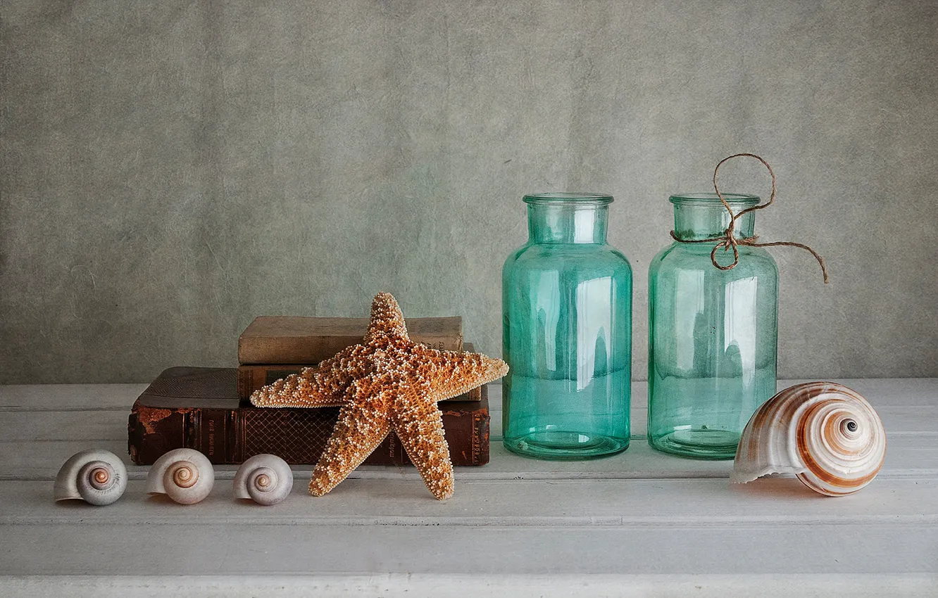 Photo wallpaper glass, background, books, shell, bottle, starfish, still life