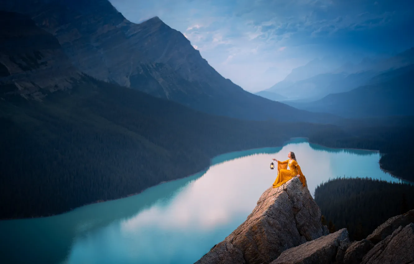 Photo wallpaper forest, girl, clouds, mountains, nature, pose, fog, lake