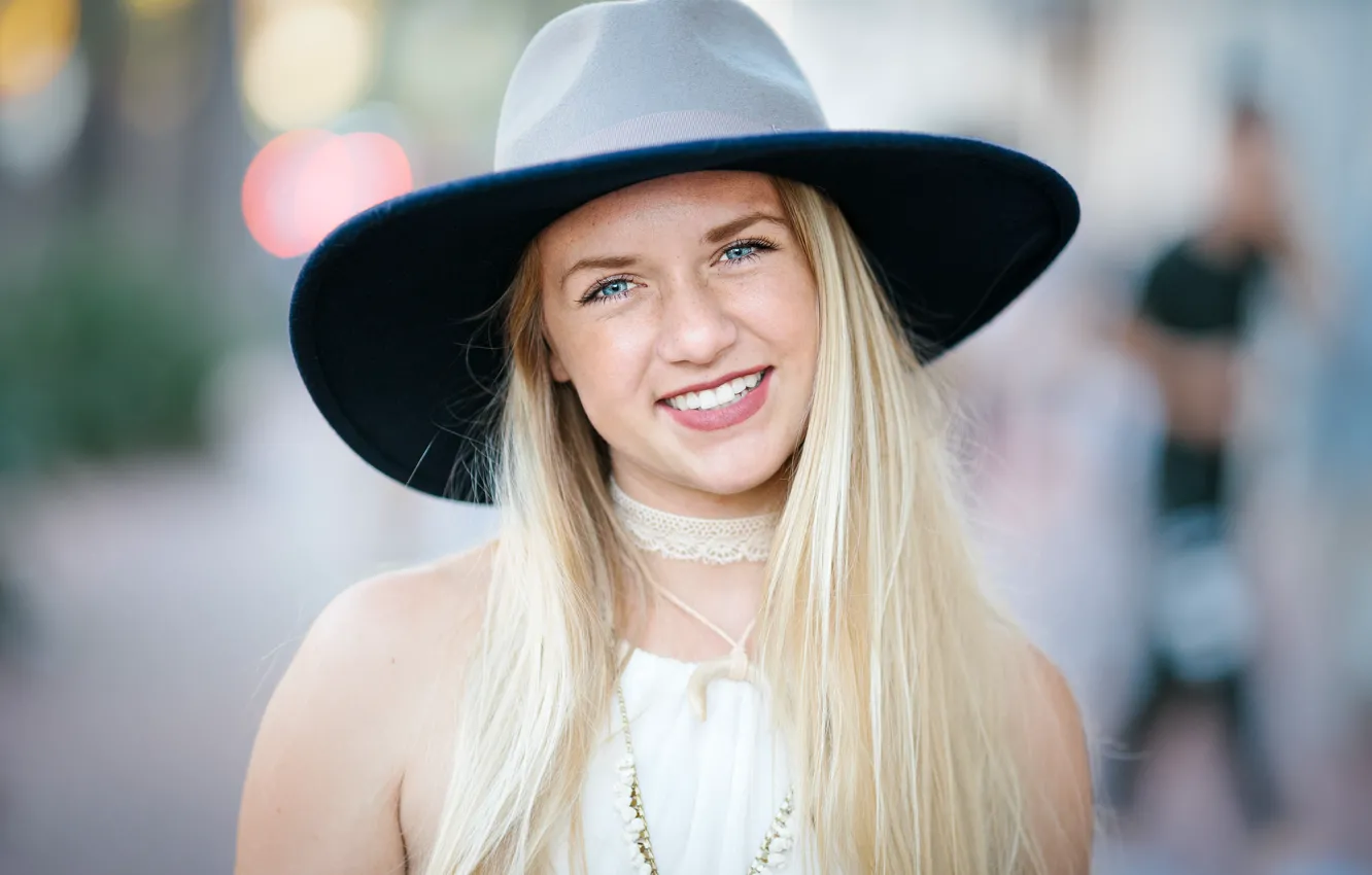 Photo wallpaper girl, hat, smile, direct gaze