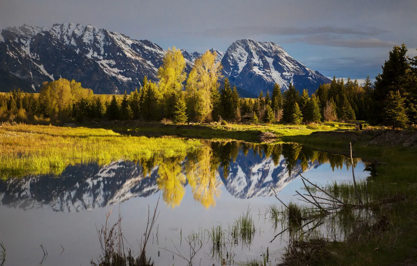 Photo wallpaper autumn, the sky, snow, trees, mountains, lake, Wyoming, USA