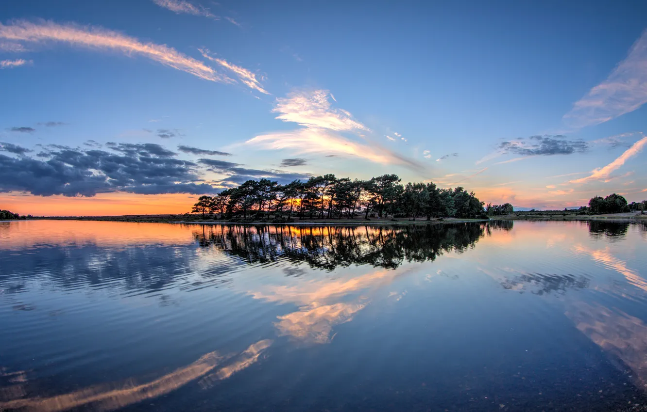 Photo wallpaper the sky, trees, sunset, lake, pond, reflection, England, England