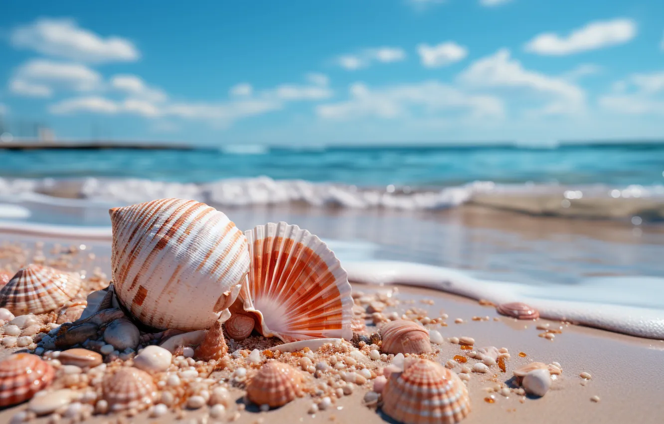 Photo wallpaper sea, beach, the ocean, shore, shell, seashells, seashell, AI art