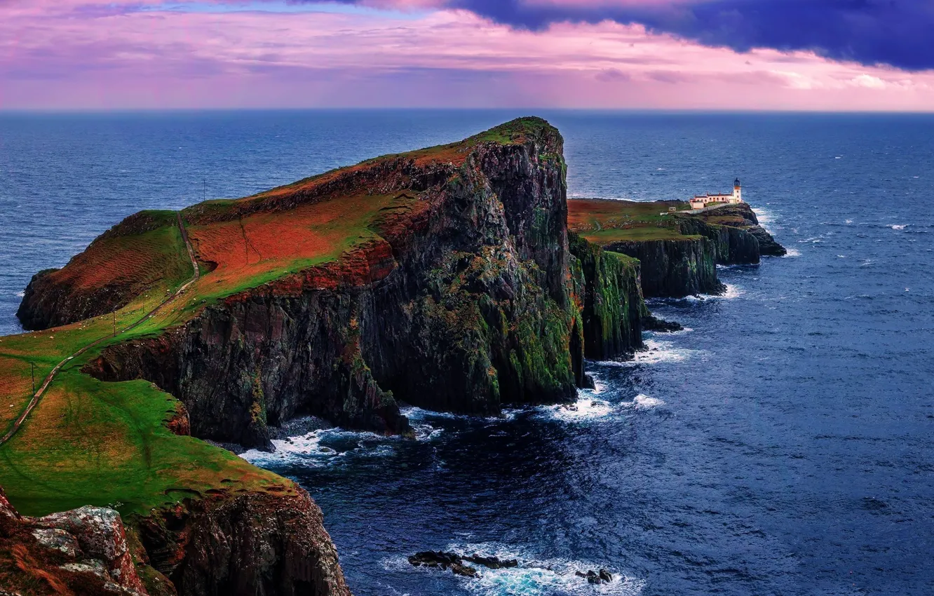 Photo wallpaper grass, lighthouse, island, Scotland, Skye