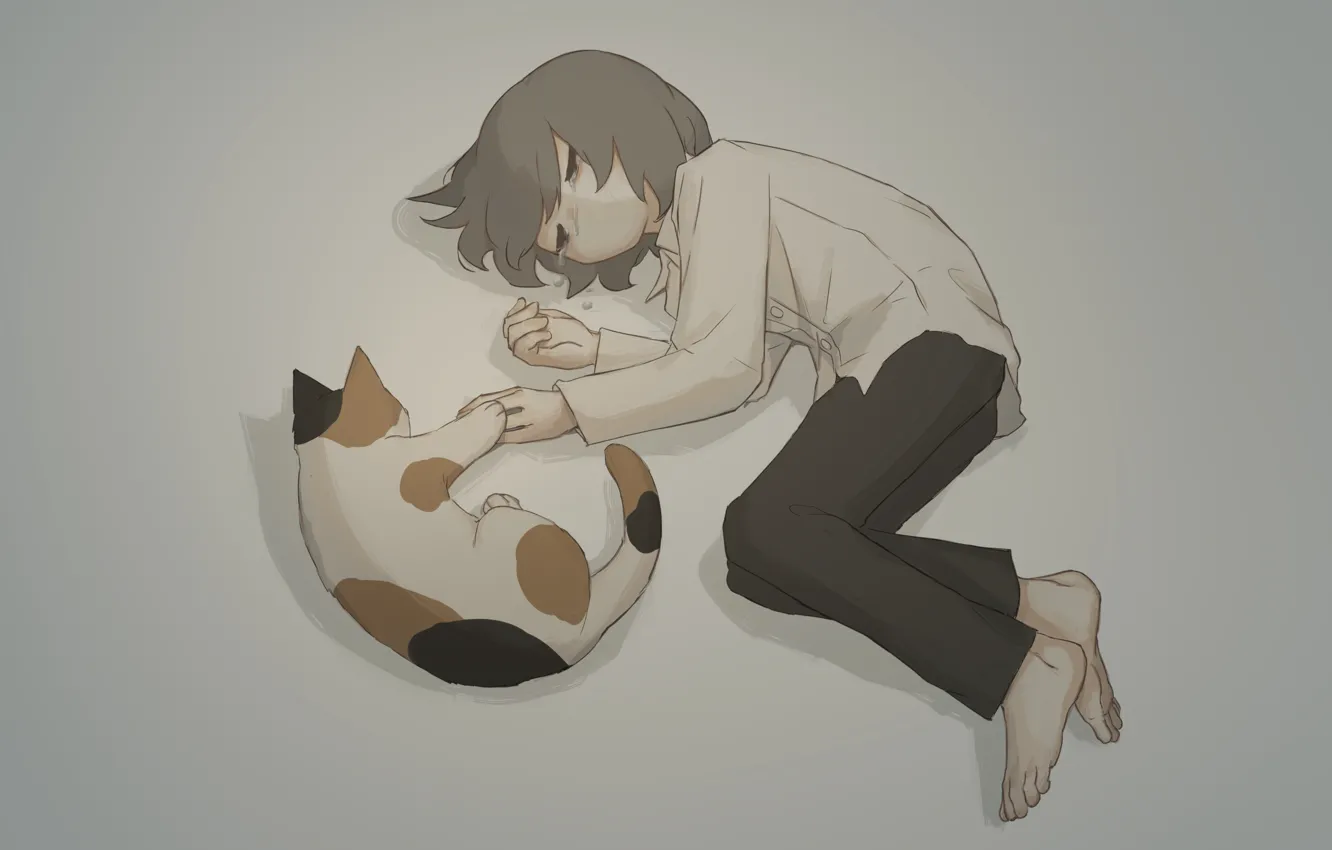 Photo wallpaper cat, boy, tears