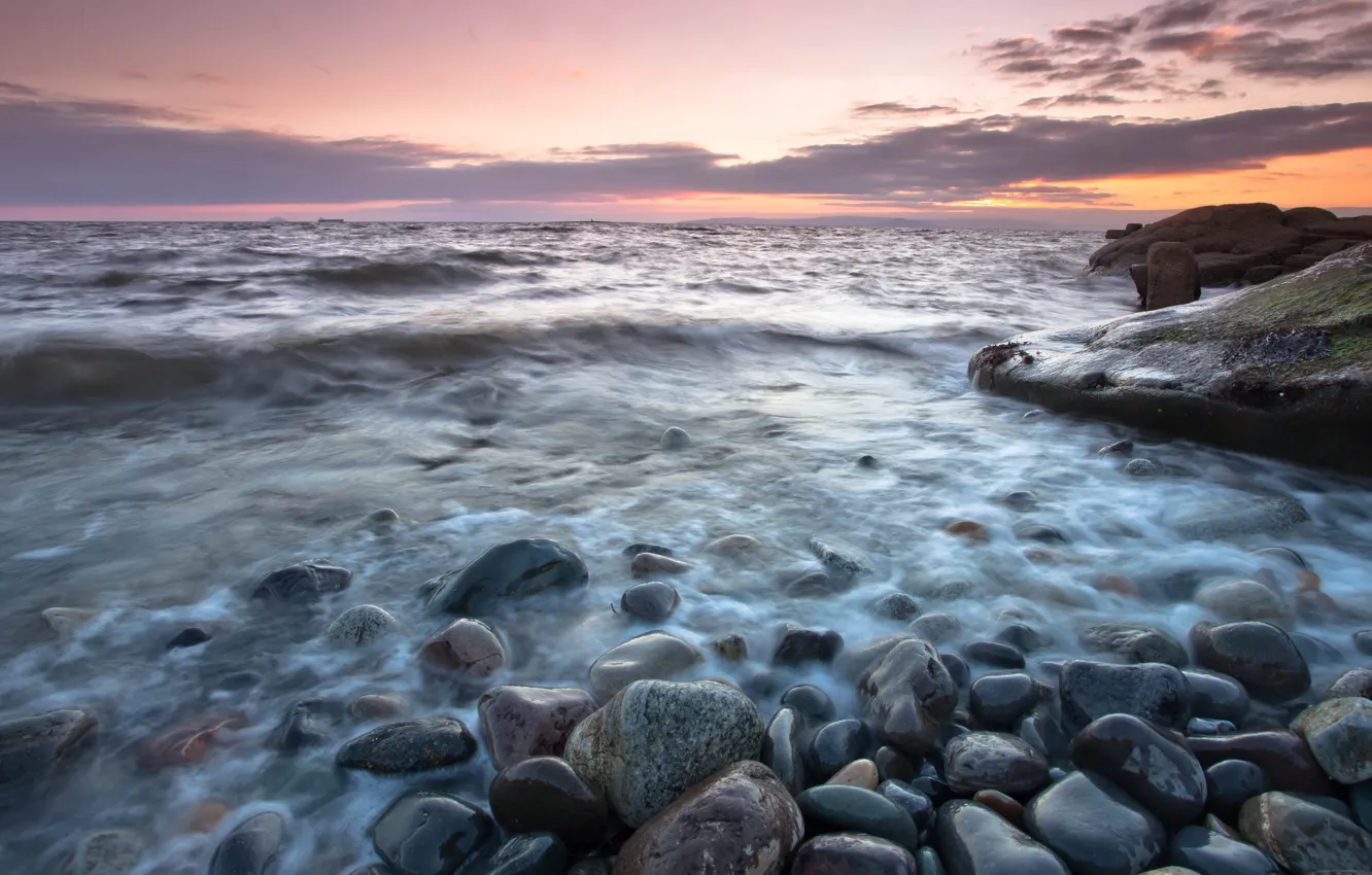 Photo wallpaper sea, the sky, clouds, pebbles, stones, shore, surf