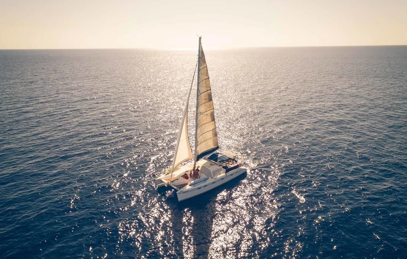 Photo wallpaper sea, the way, movement, the ocean, the wind, horizon, sail, catamaran
