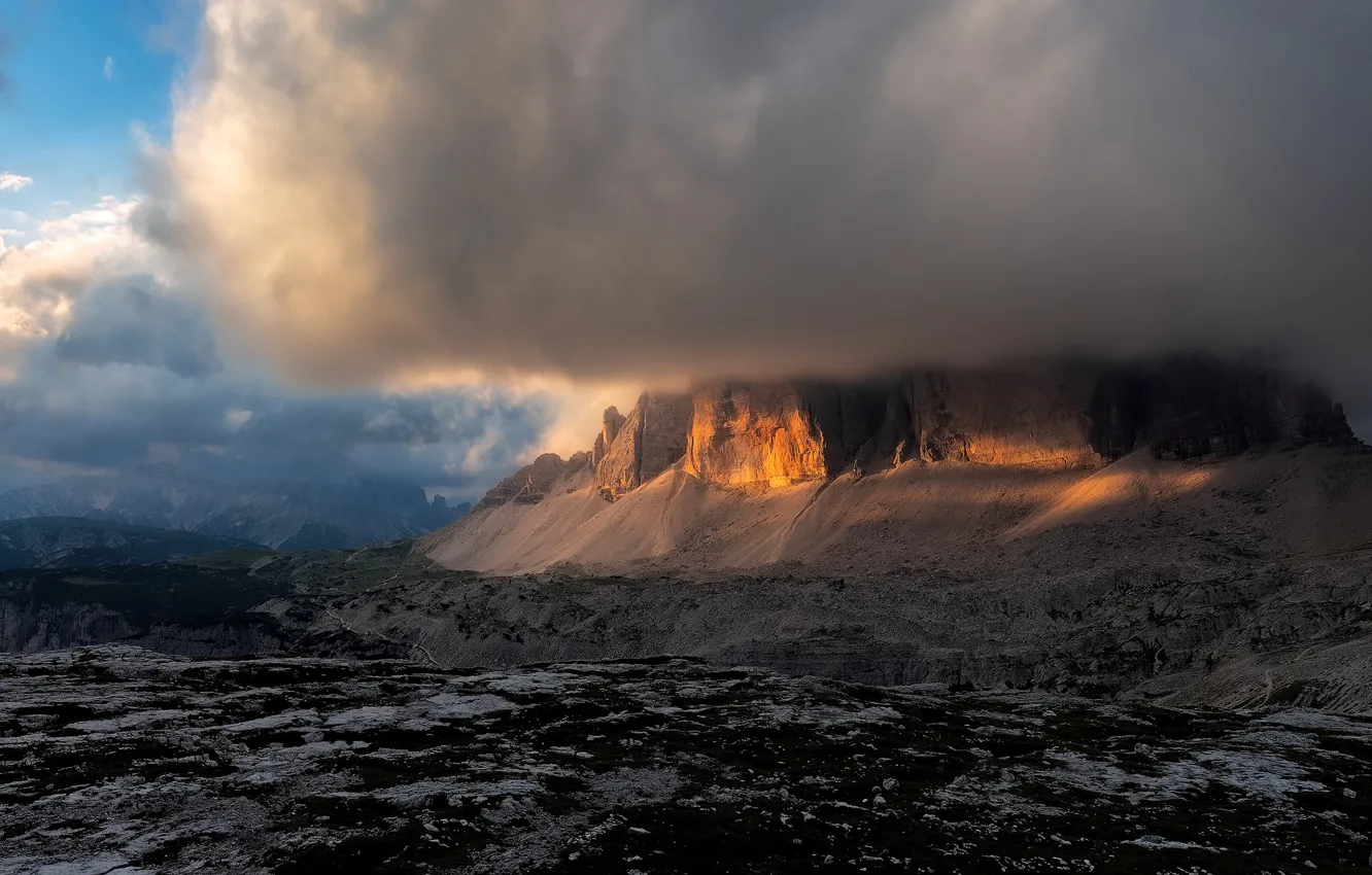 Photo wallpaper the sky, clouds, light, mountains, clouds, rocks, Italy, hidden