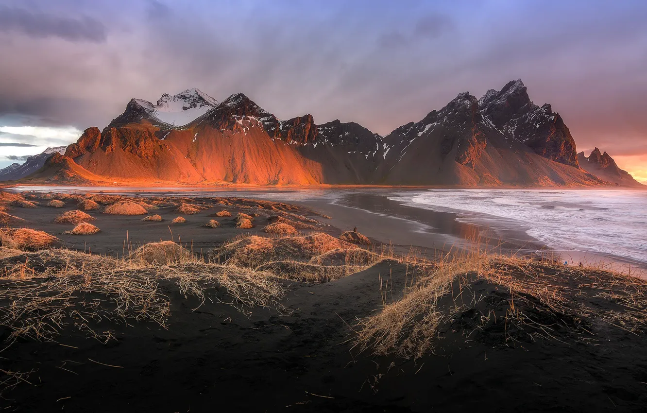 Photo wallpaper beach, the sky, clouds, light, mountains, the evening, Iceland, the fjord