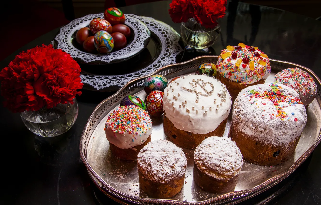 Photo wallpaper flowers, eggs, Easter, cake, eggs