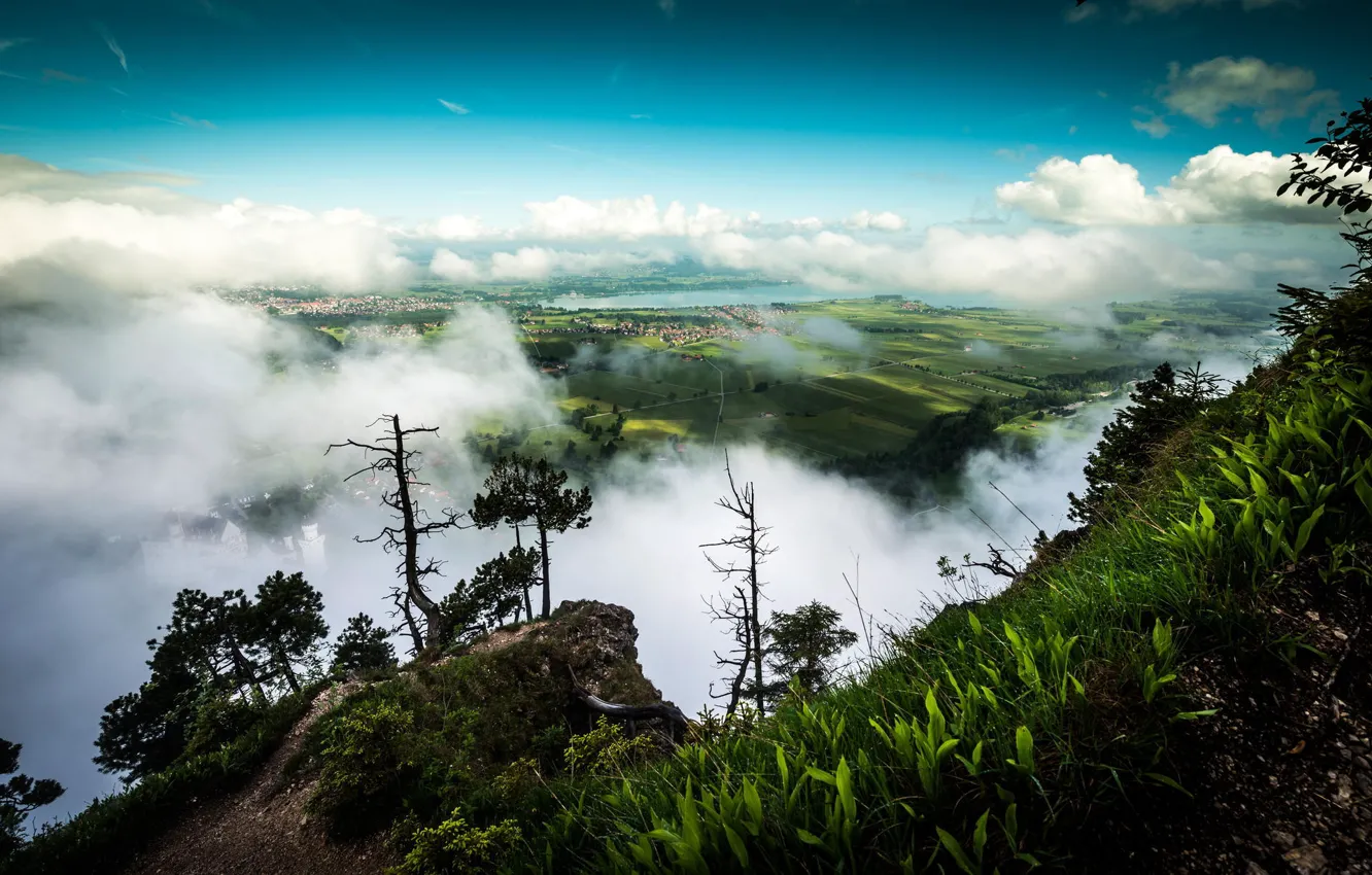 Photo wallpaper field, clouds, nature, height, panorama