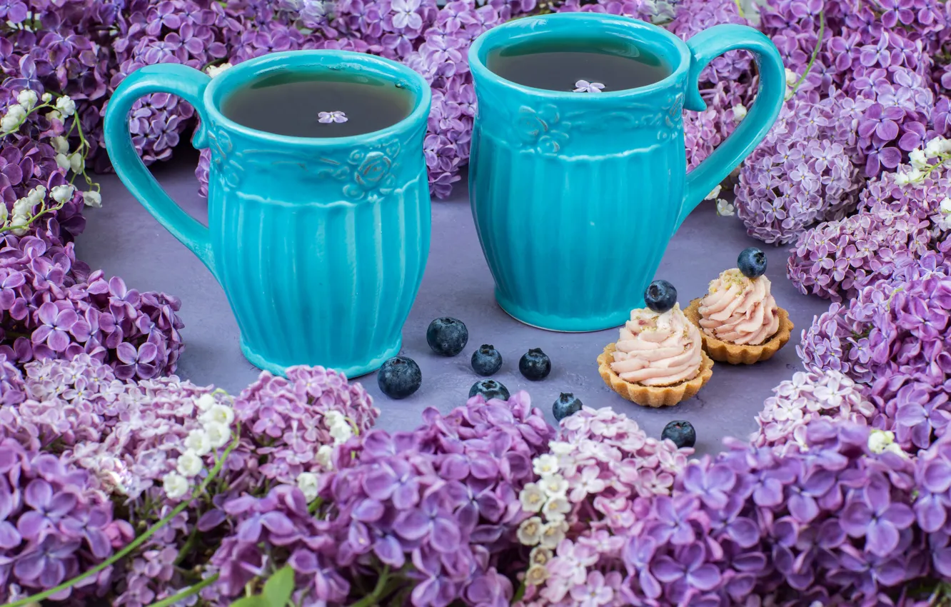 Photo wallpaper tea, morning, Cup, lilac, cupcakes, Julija Vilvarin