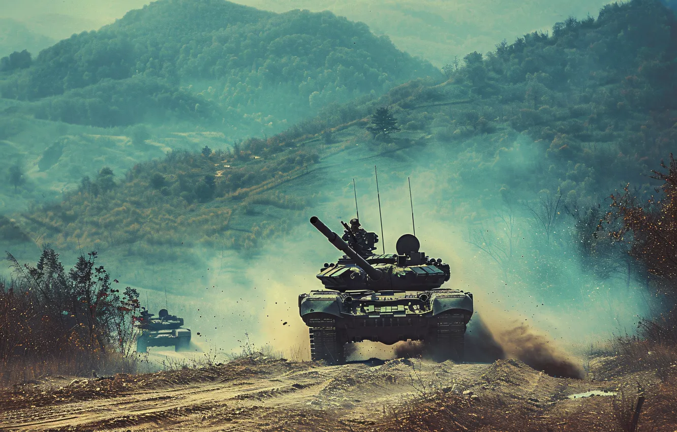 Photo wallpaper mountains, retro, smoke, dust, tank, digital art, AI art, The Art of Artificial Intelligence