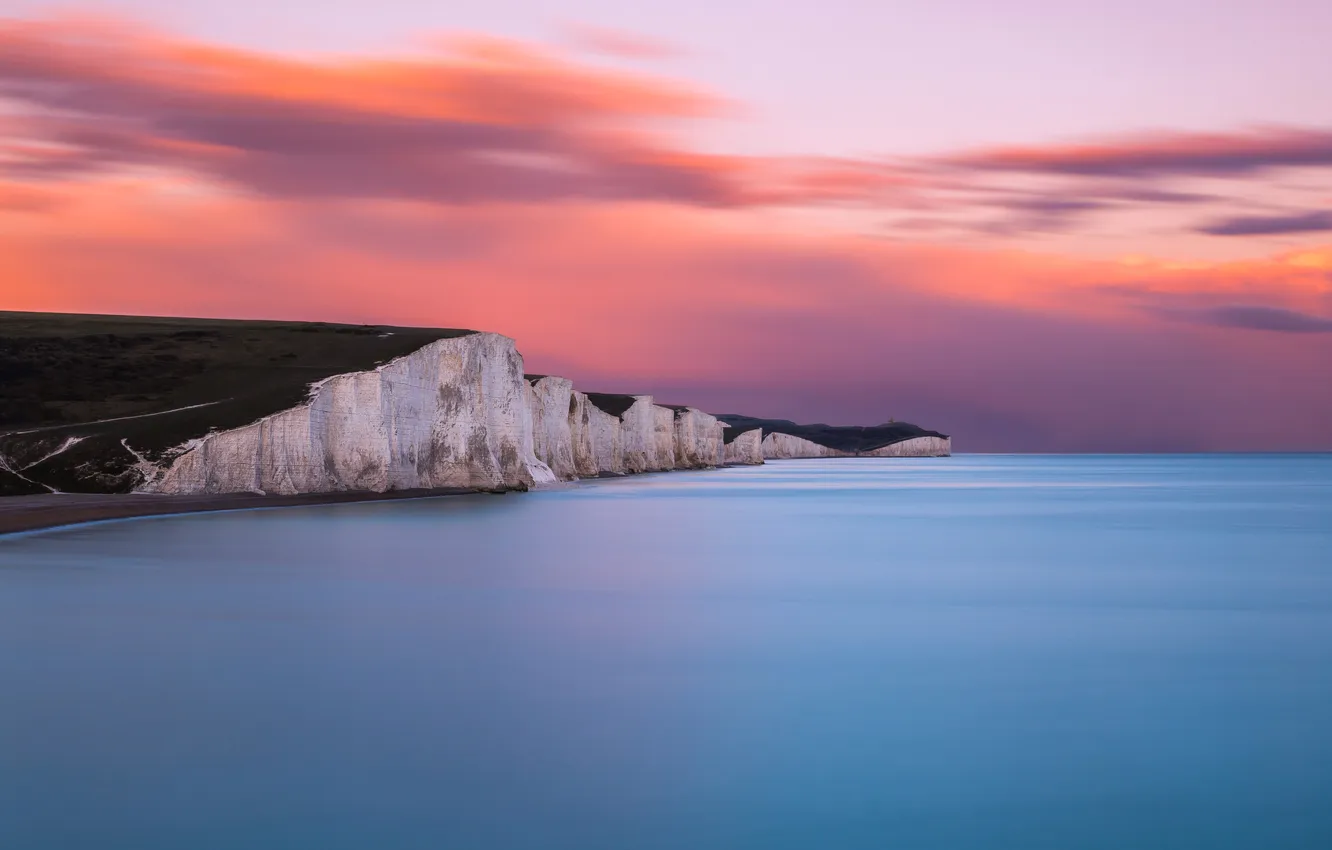 Photo wallpaper sea, the sky, sunset, rocks, shore, horizon, England, Sussex