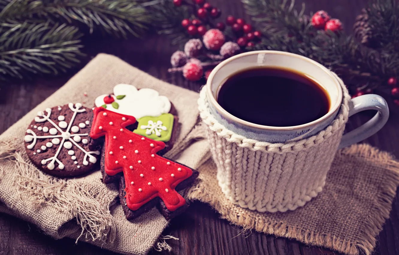 Photo wallpaper holiday, new year, coffee, spruce, cookies, decor, branch berries, treats
