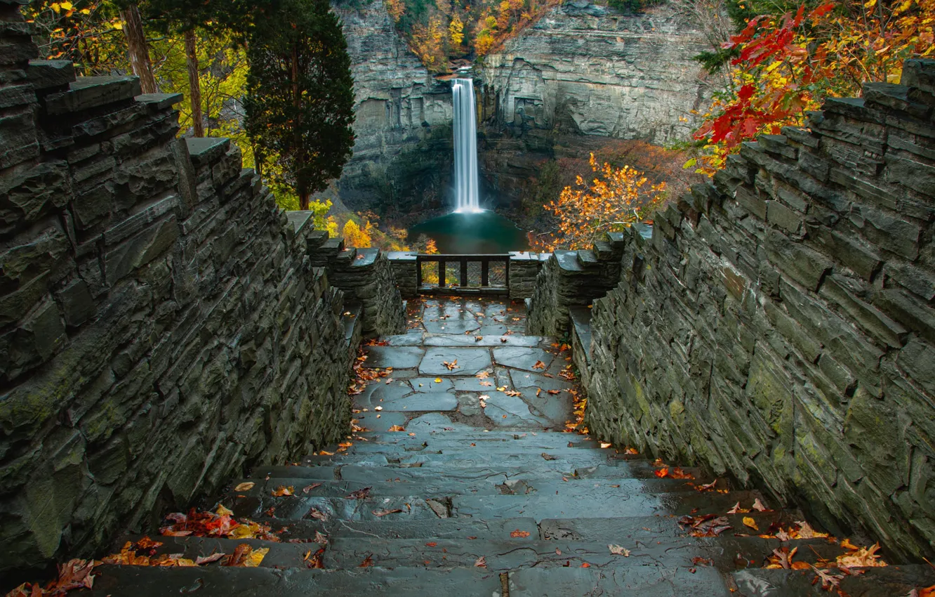 Photo wallpaper autumn, stones, rocks, the descent, view, waterfall, ladder, stage
