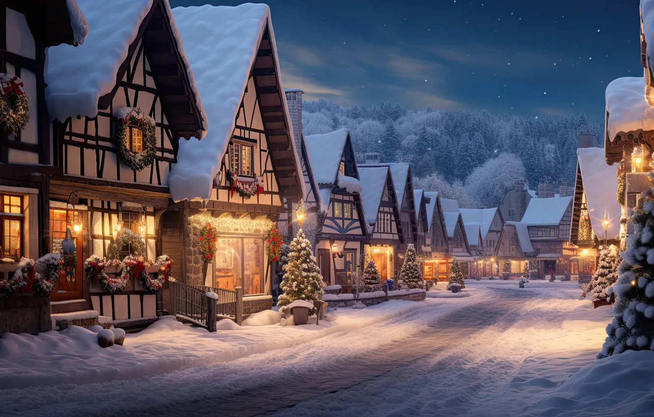 Photo wallpaper winter, snow, decoration, night, the city, lights, street, tree