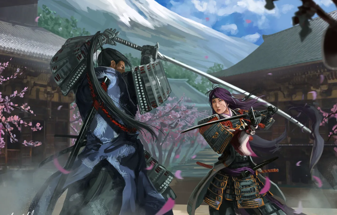 Photo wallpaper girl, weapons, Asia, mountain, home, Sakura, art, armor